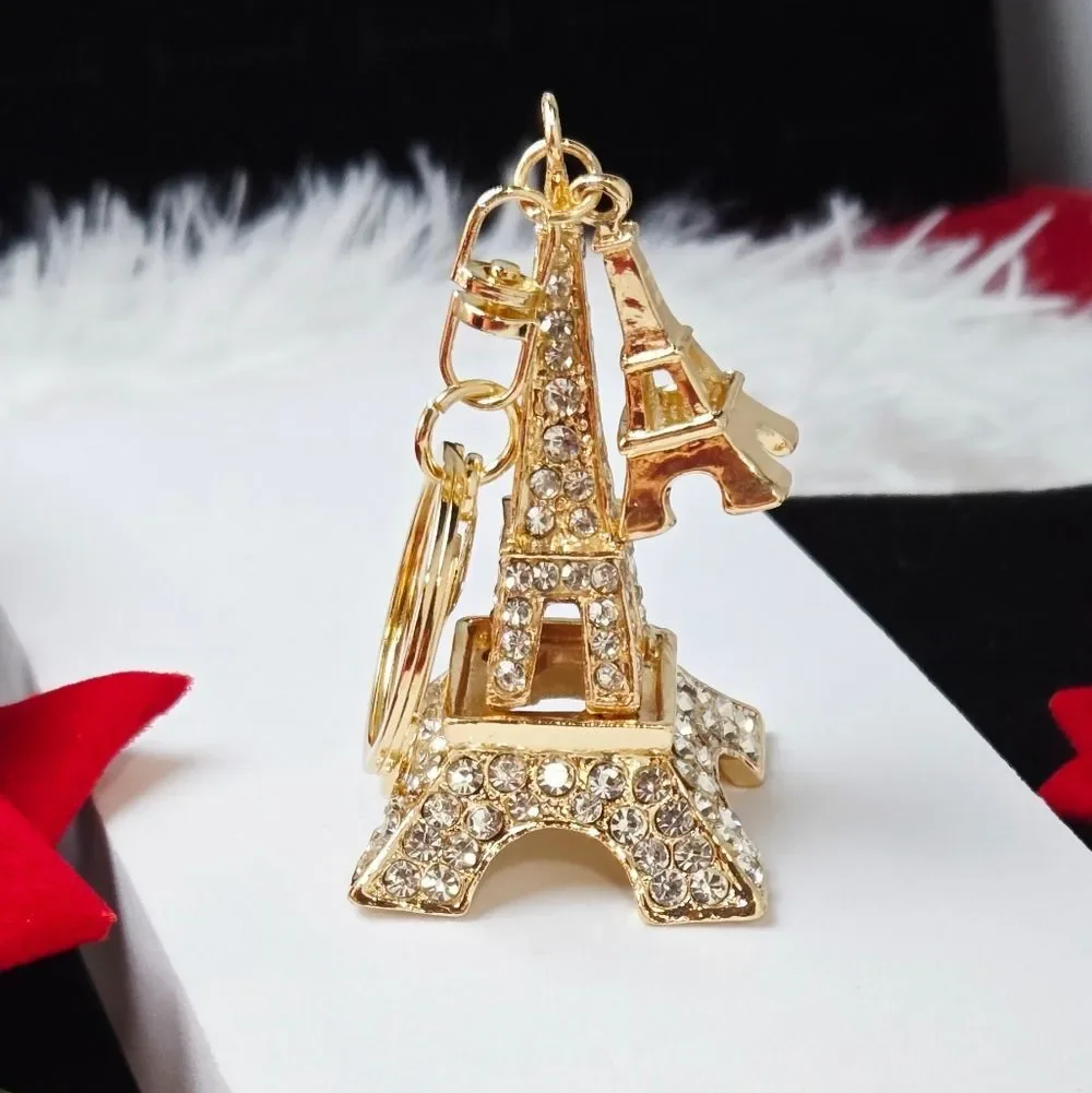 Gold Rhinestone Eiffel Tower Keychain Paris Charm Statement Bag Clip Accessory